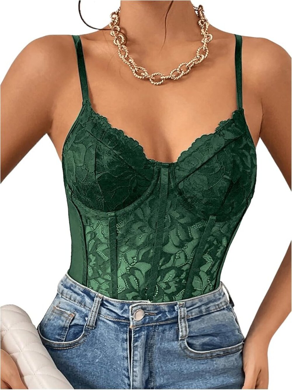 Women's Green Underwire Sheer Mesh Bustier Spaghetti Bodysuit Lace Corset Top